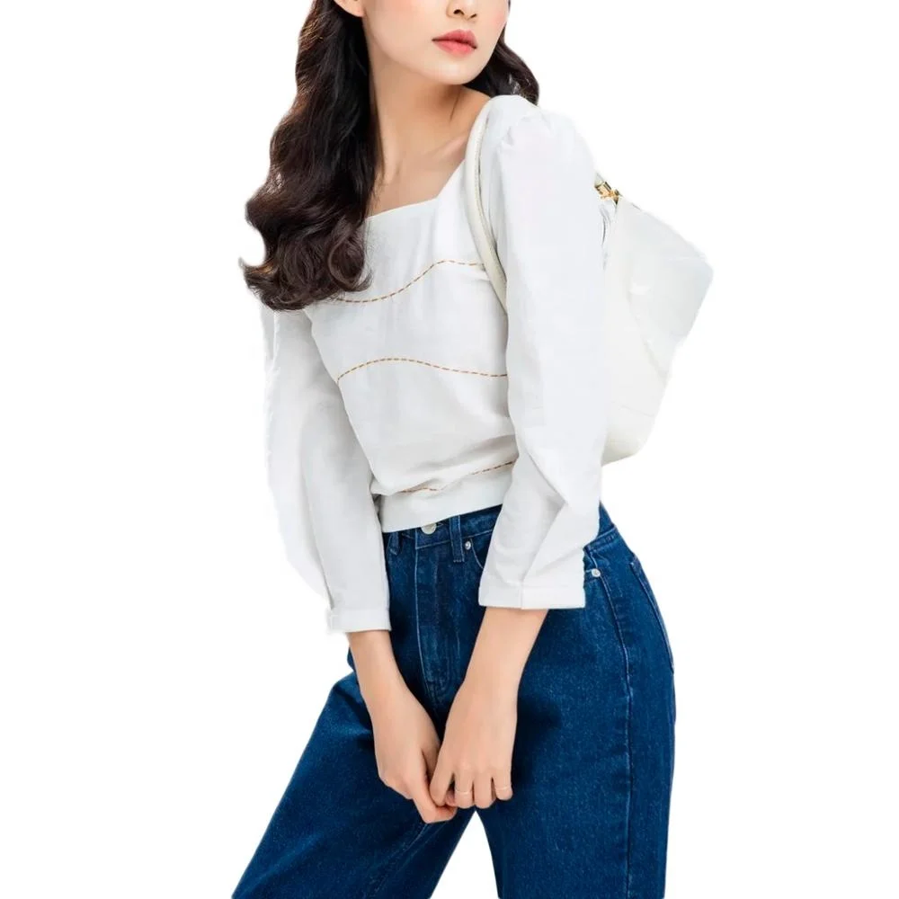 Green Square Neckline Empire Puff Sleeve Fashion Vintage Crop Top Blouses Woman 2020