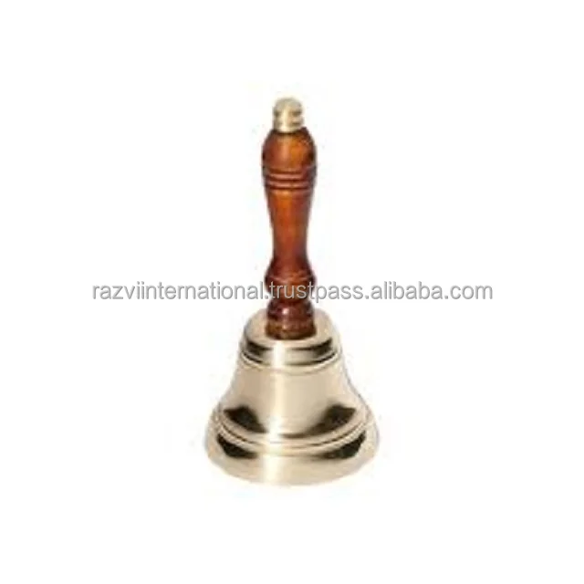 Metal brass shiny polished hand held bell wooden handle
