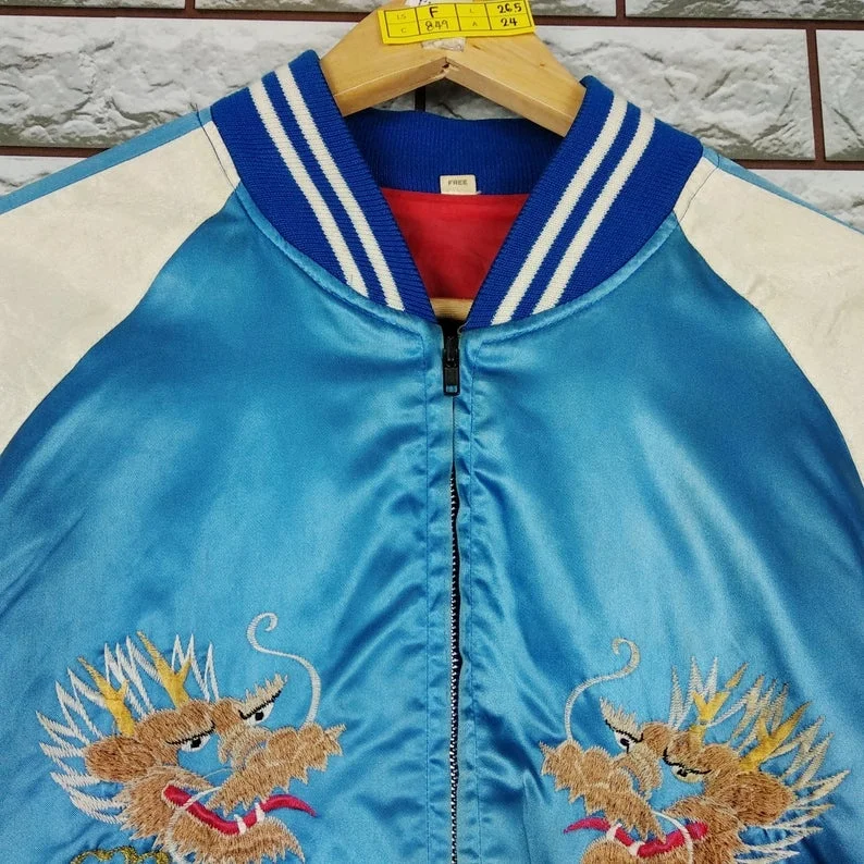 Japanese Fighting Dragon Embroidery Souvenirs Satin Varsity Jacket / Japan Varsity Jacket