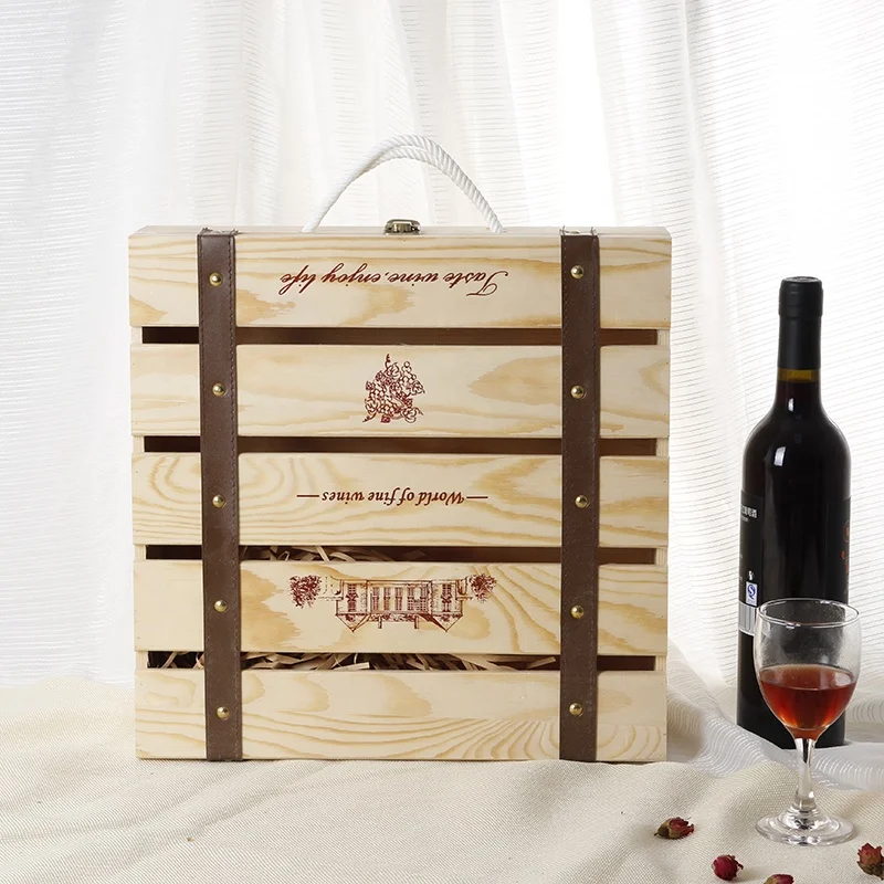 European Hot Sell Decorated Gift Wooden Wine Box for 4 Bottles with Handle