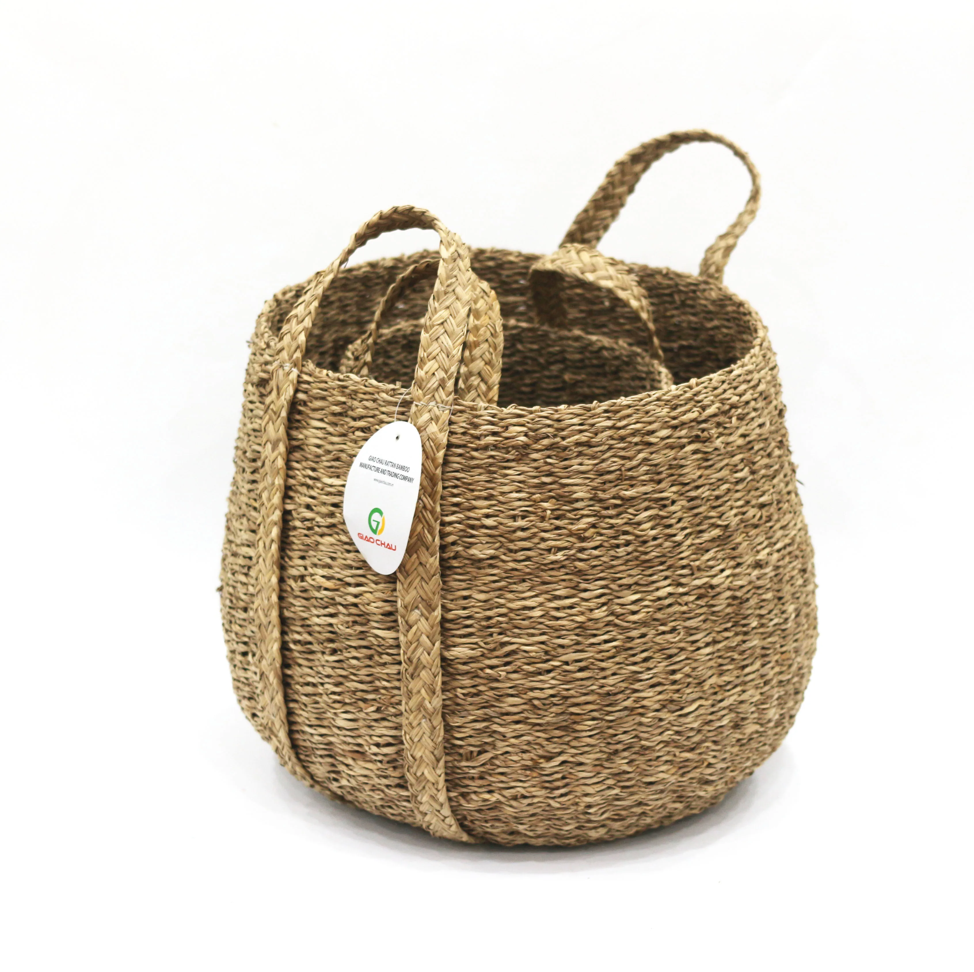 Hot-selling big round woven straw seagrass belly basket for laundry storage or planter pot