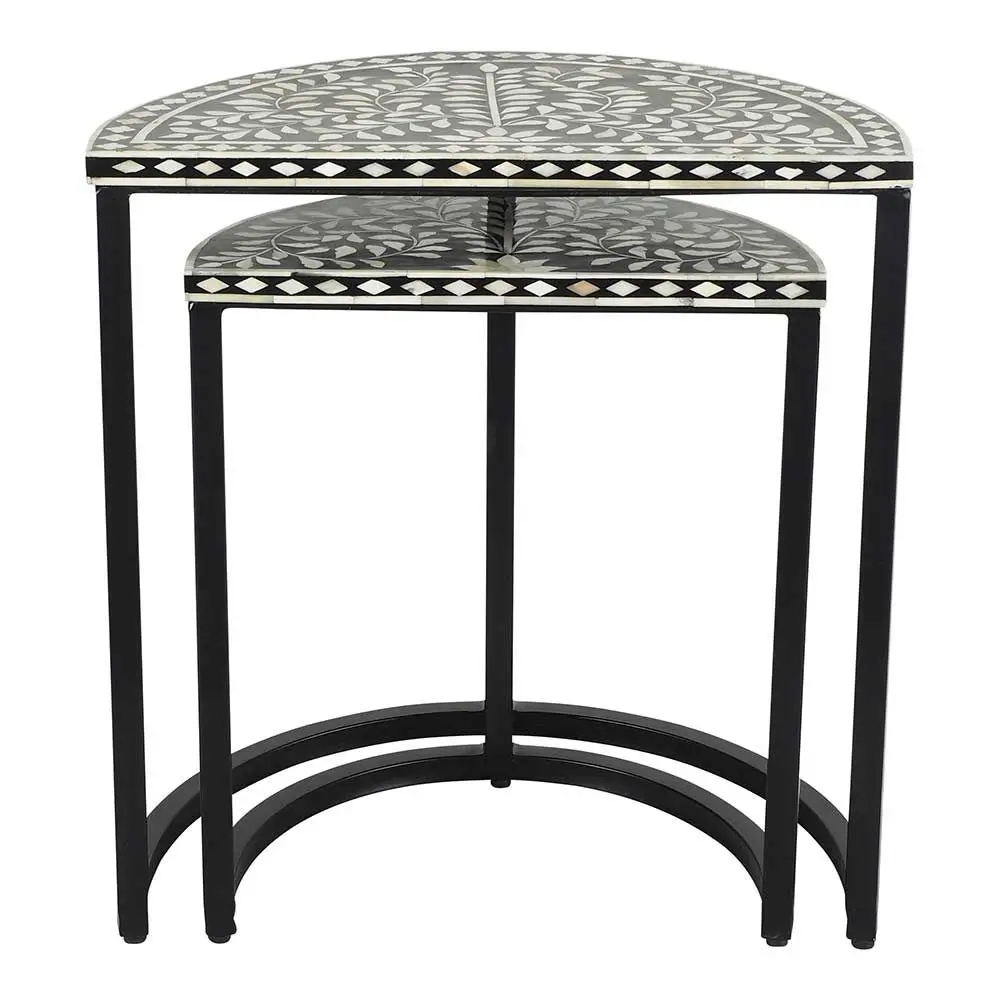  BONE INLAY HALF ROUND FLORAL BLACK SIDE TABLE INDIAN HANDMADE