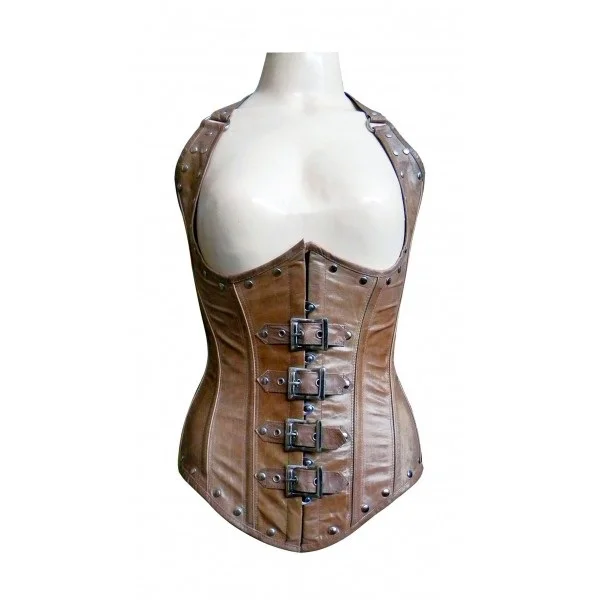 Best Selling Women Steel Boned Brown Leather Under Bust Shoulder Straps With Front Buckles And Studs Corset Top For Erotic Wear