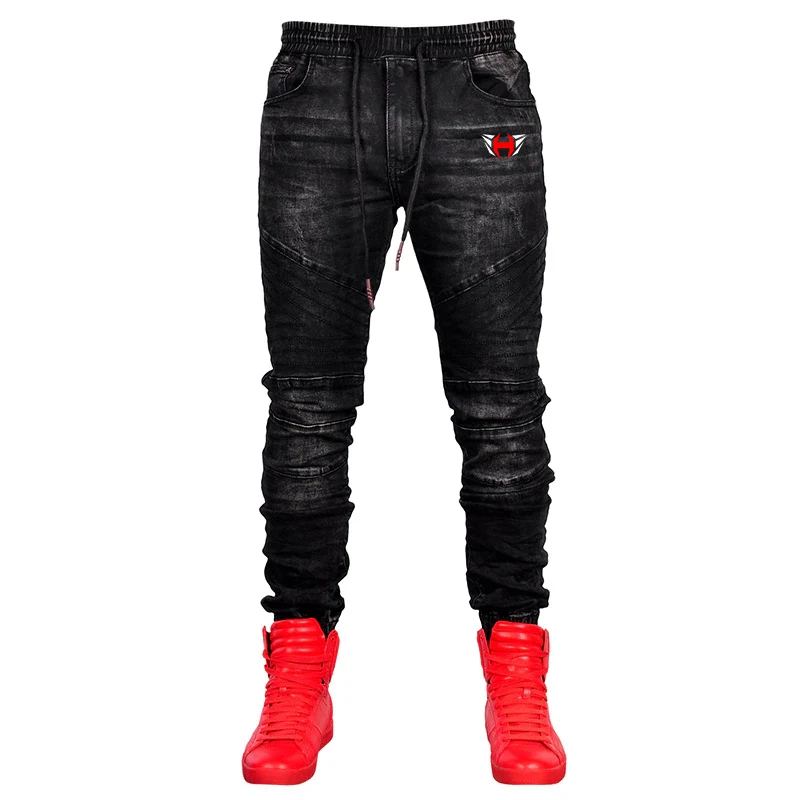 
High Quality Denim Men trousers Men Jeans Ripped Skinny Custom Embroidery Badge Jeans Straight Slim Denim Trousers Pant 