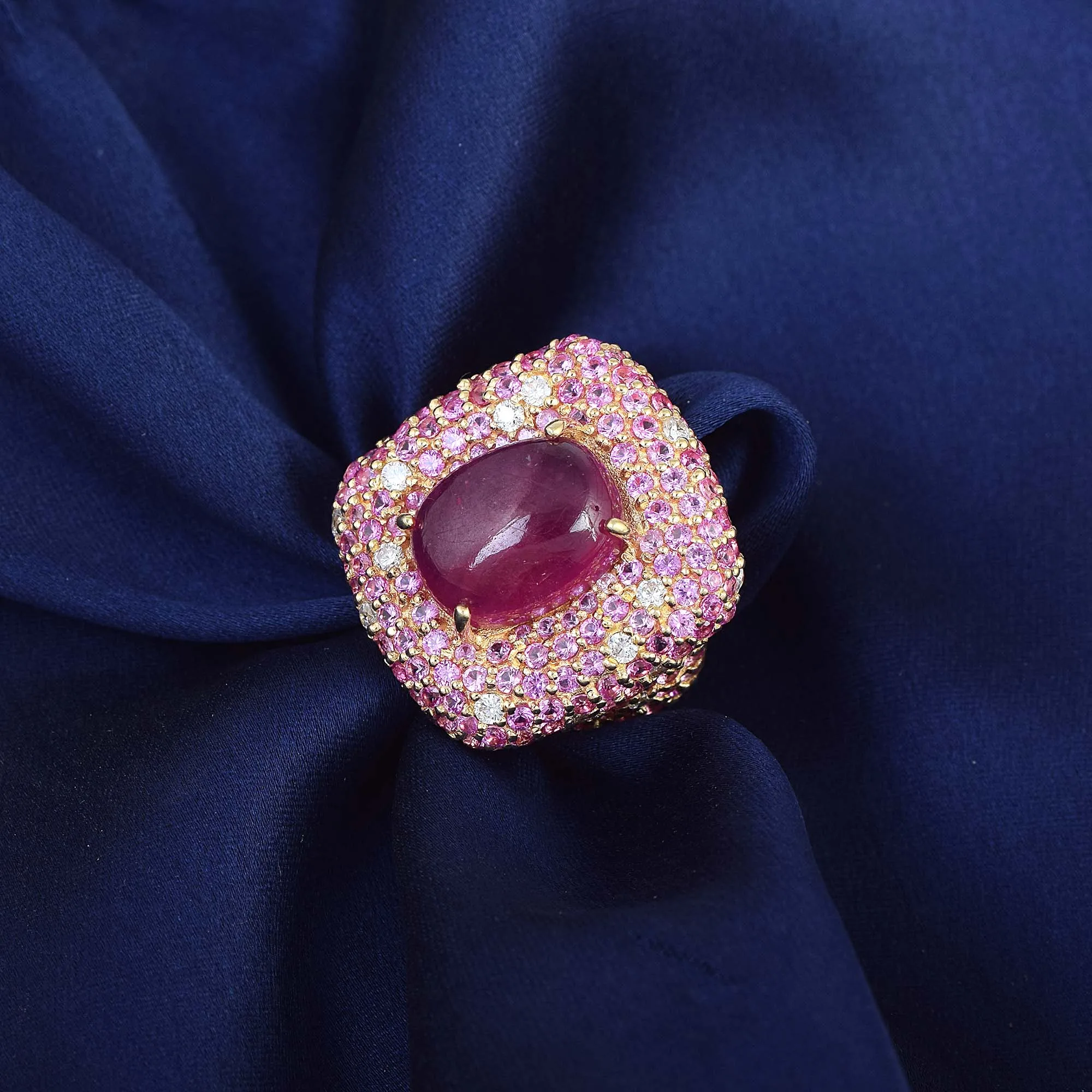 Natural Ruby Pink Sapphire Gemstone Cocktail Band Ring Cubic Zircon 925 Sterling Silver Gold Plated Jewelry for Women