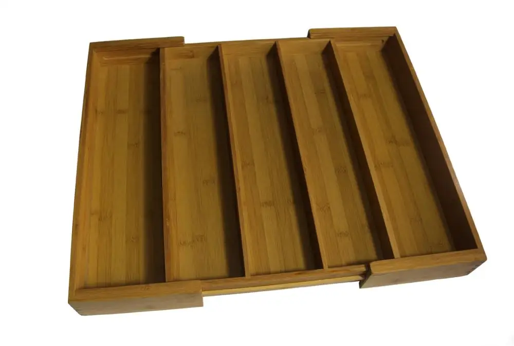 5 Slots Bamboo Tray Expandable Kitchen Drawer Organizer Bamboo Utensil Storage Tray