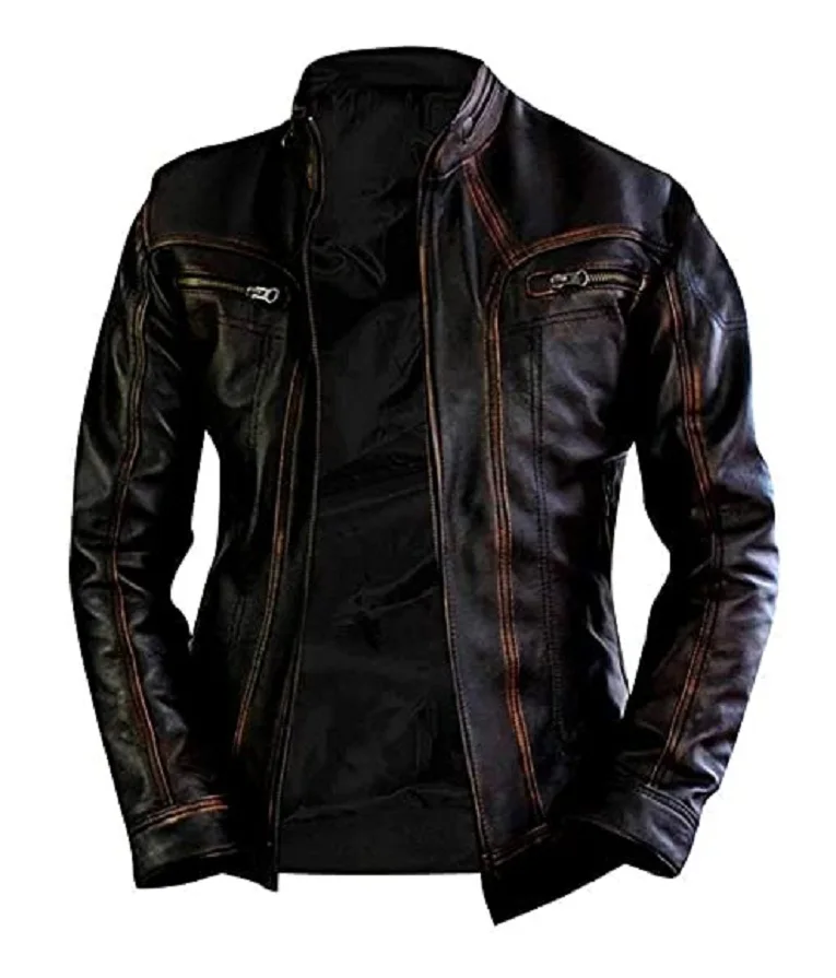 Men Distressed Biker Vintage Motorcycle  Leather Jacket Casual Real Genuine Leather Racing Fashion Jacket OEM
