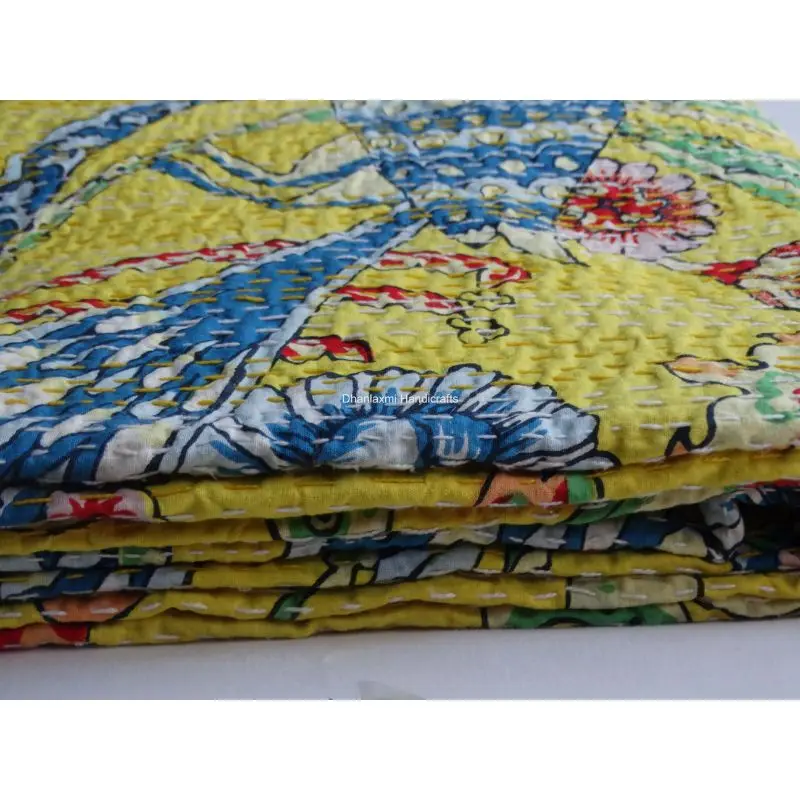 Новое индийское желтое Хлопковое одеяло Kantha с цветочным принтом ручной работы красивое цветочное домашнее украшение оптовая продажа покрывала