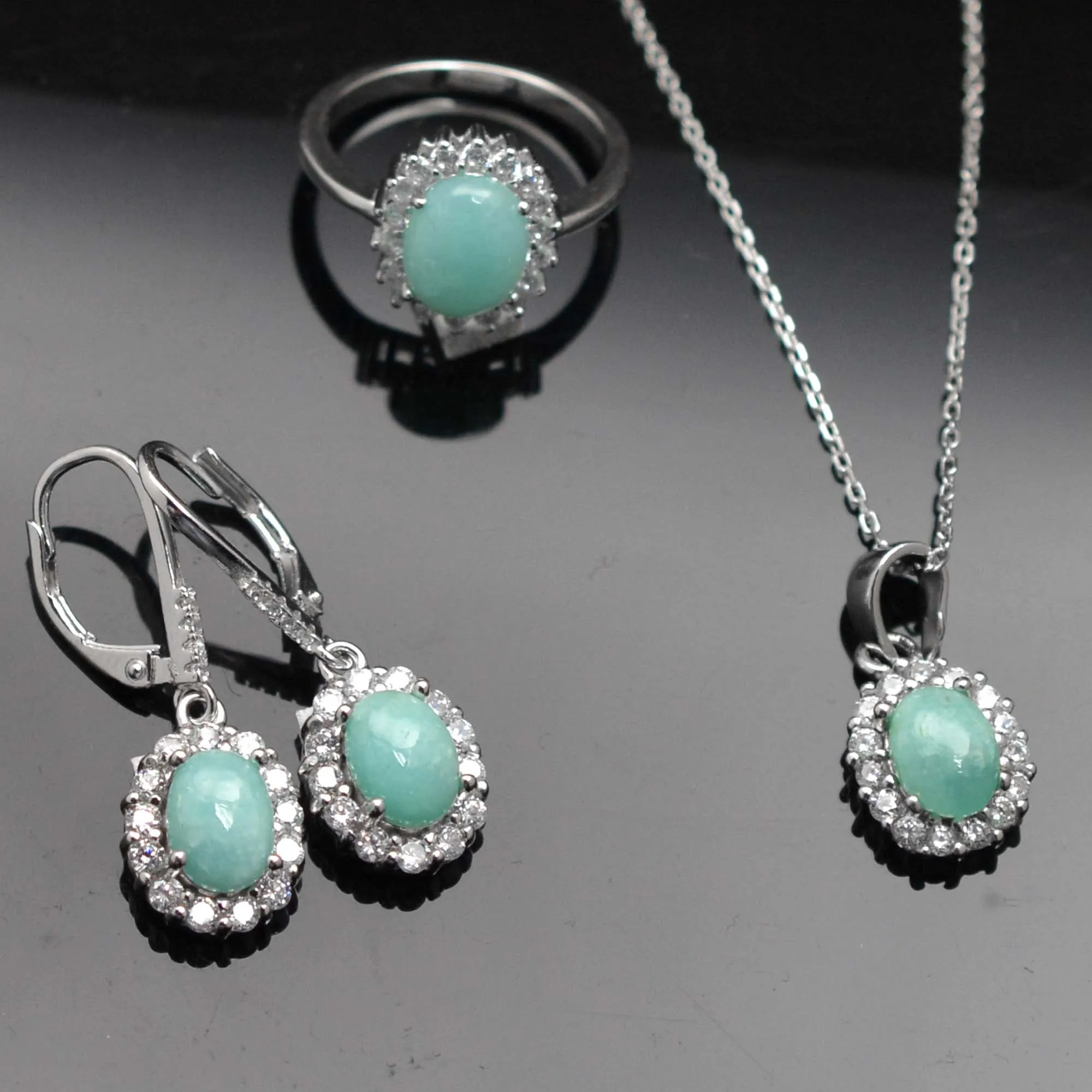 Factory price jewelry wholesale Natural Amazonite 925 Sterling Silver Pendant Necklace Ring Earring Jewelry Set For Women