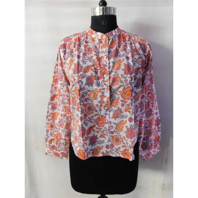 floral hand block printed stylish bohemian hippie design indian handmade women short women shirts long sleeves party wear blouse