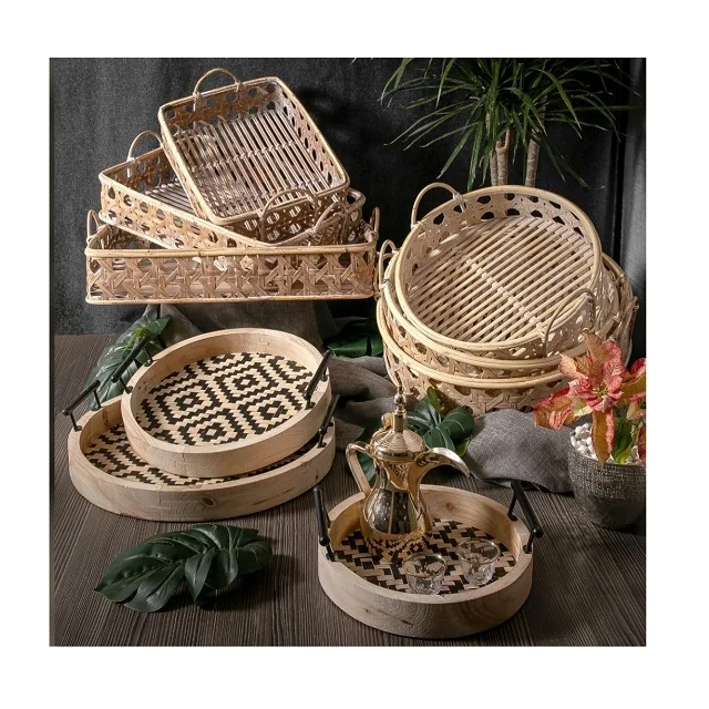 Деревянный сервировочный поднос из акации и манго 2 разных размера коричневый цвет деревянный с латунными золотистыми ручками