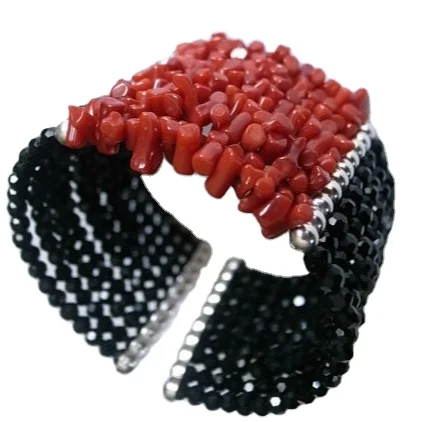 5 рядов подлинных красных кораллов и оникса браслет с серебром