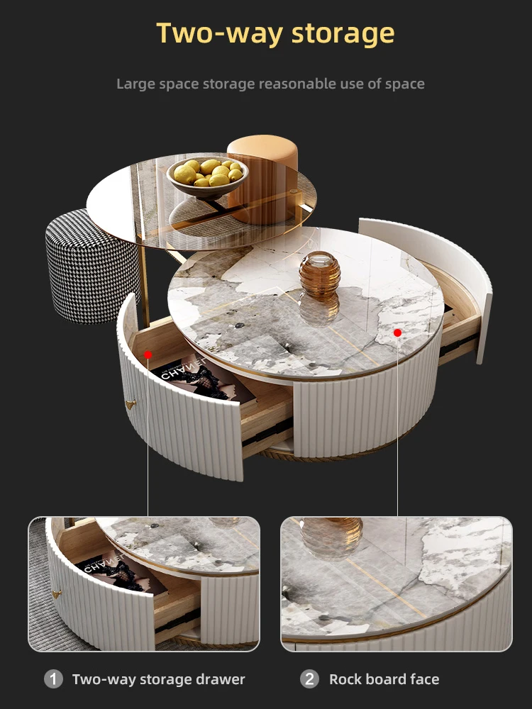Hotel tea table basse storage Living Room Furniture Round Modern white sintered stone Luxury gold marble Glass Coffee Table