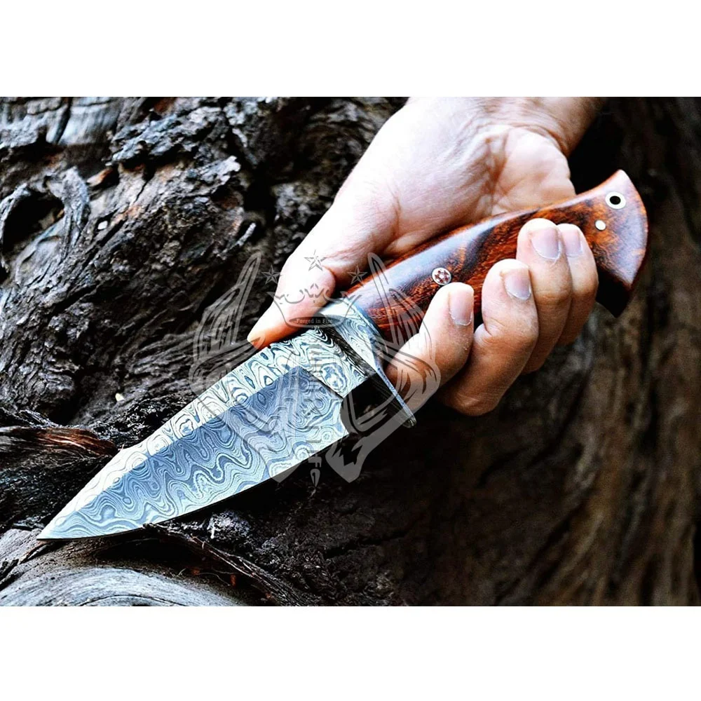 Beautiful Custom Handmade Damascus Steel Fixed Sharp Blade Hunting Bowie Camping Knife Gift For Him Handle Natural Rose Wood