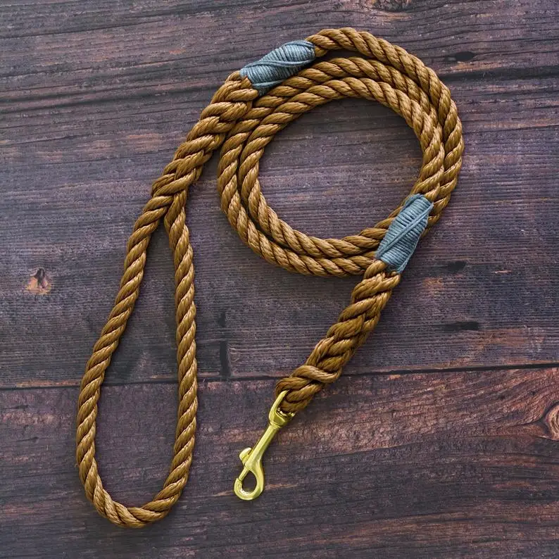 10mm wide rope dog leash, antique gold lead with brass hardware