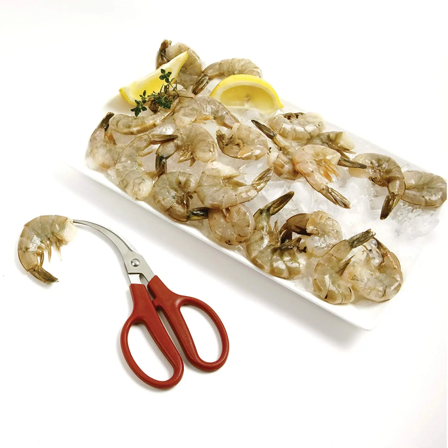 Plastic red handle curved sharp blade stainless steel Shrimp/Prawn Deveiner, Peeler scissors Made in Pakistan