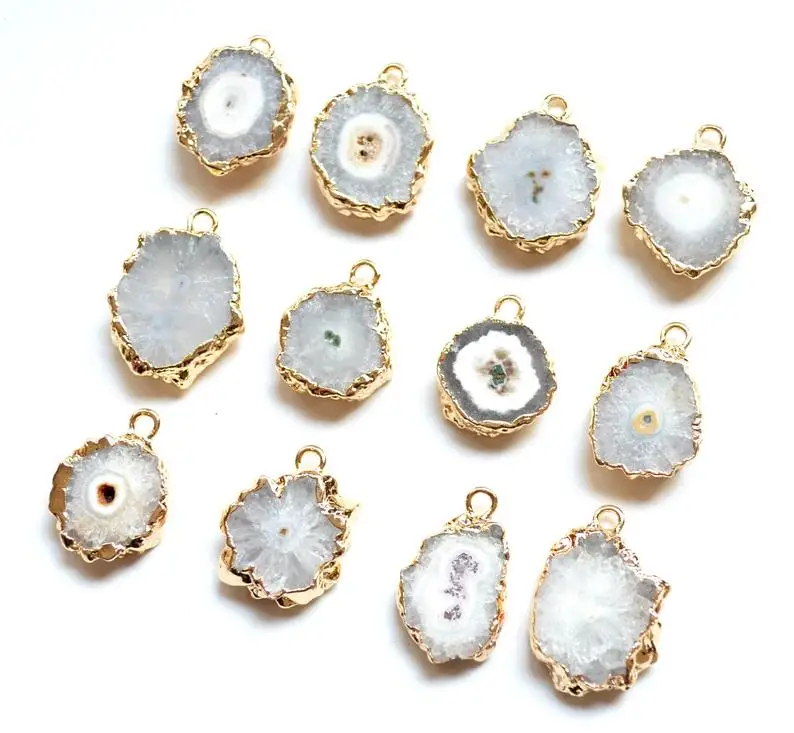 
Mini white Stalactite Solar agate druzy Slice pendant with Gold Electroplated Edges agate pendant 