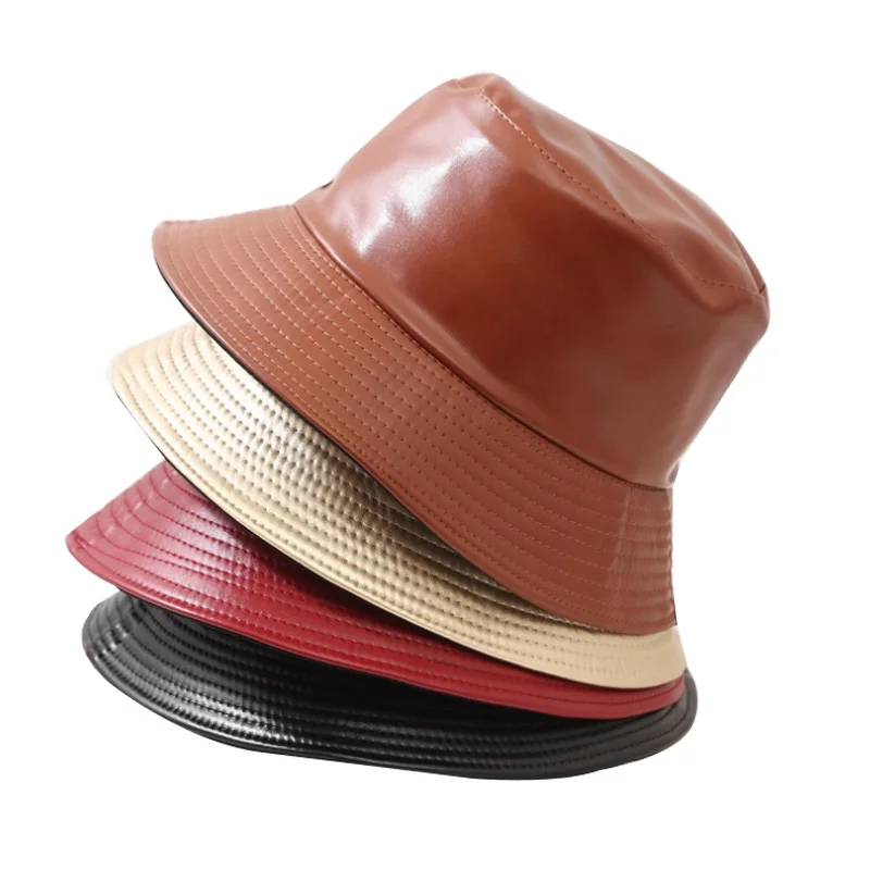 Reversible Hats Women High Fashion Bucket Hats PU  Fashion Fisherman Solid Color custom original leather Caps