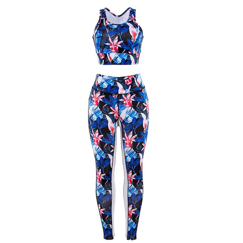 
Flower printed fancy gym sets for women stylish sports bra with seamless leggings yoga sets 