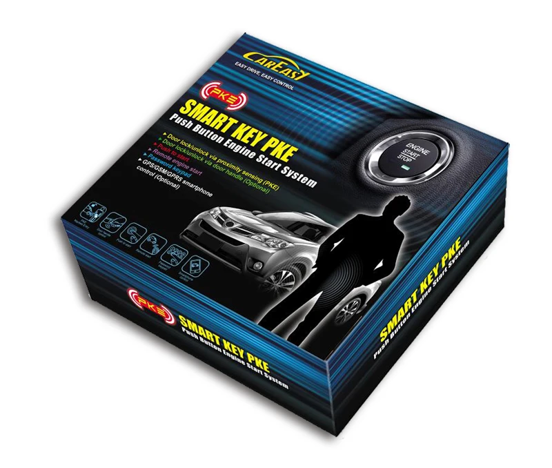 Smart key PKE car alarm keyless push button start system with MTS mode for remote start of Manual Transmission vehicles