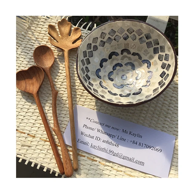 Eco friendly Coconut bowl with seashell for decor home with wooden spoon/ Coco Shell bowl Wooden Bowl (Kaylin: WS +84817092069)