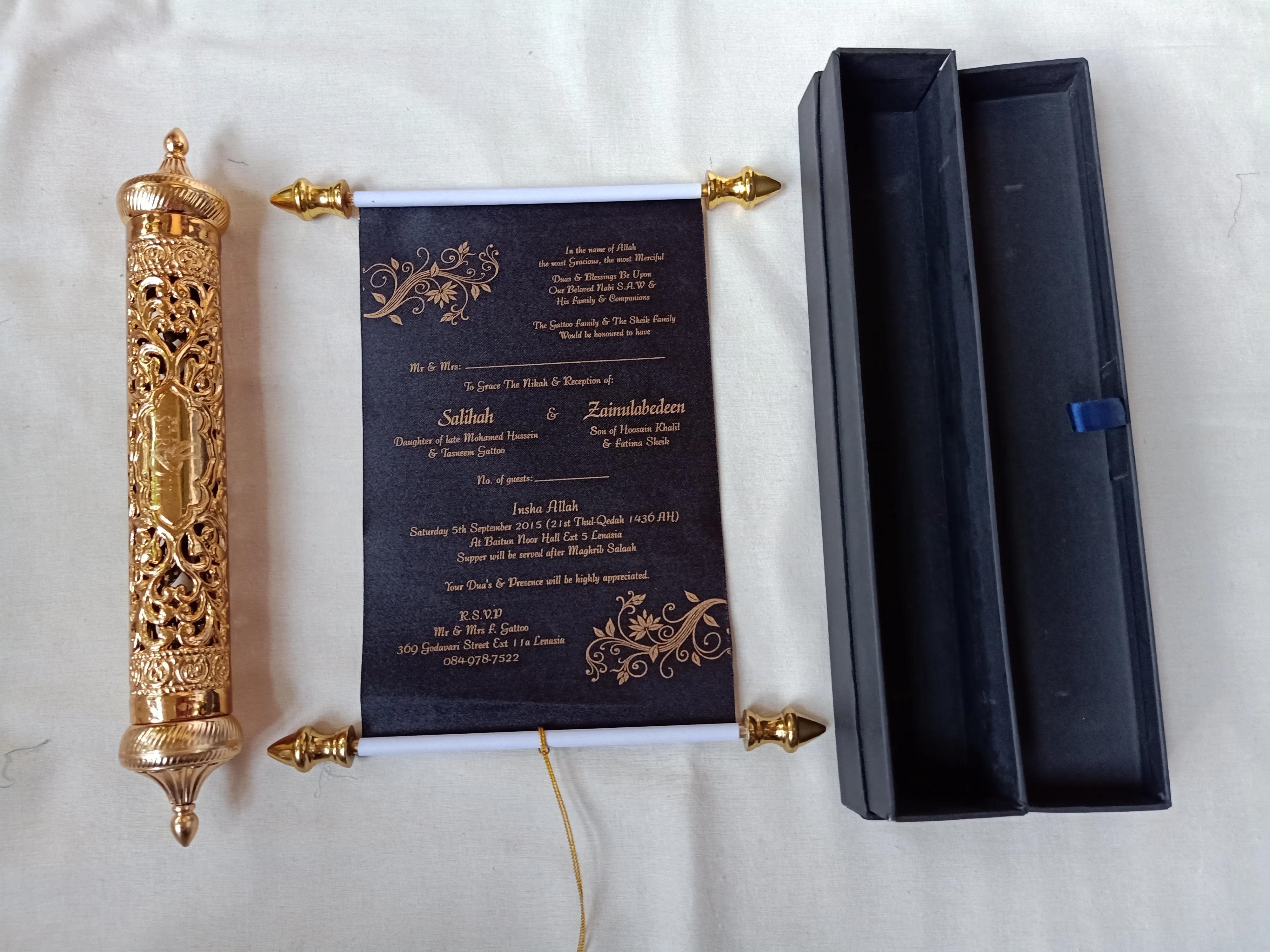Old Look Vintage Theme Handmade Paper Scroll Invites with Custom Text Printed Also Available Matching Boxes and Ribbon