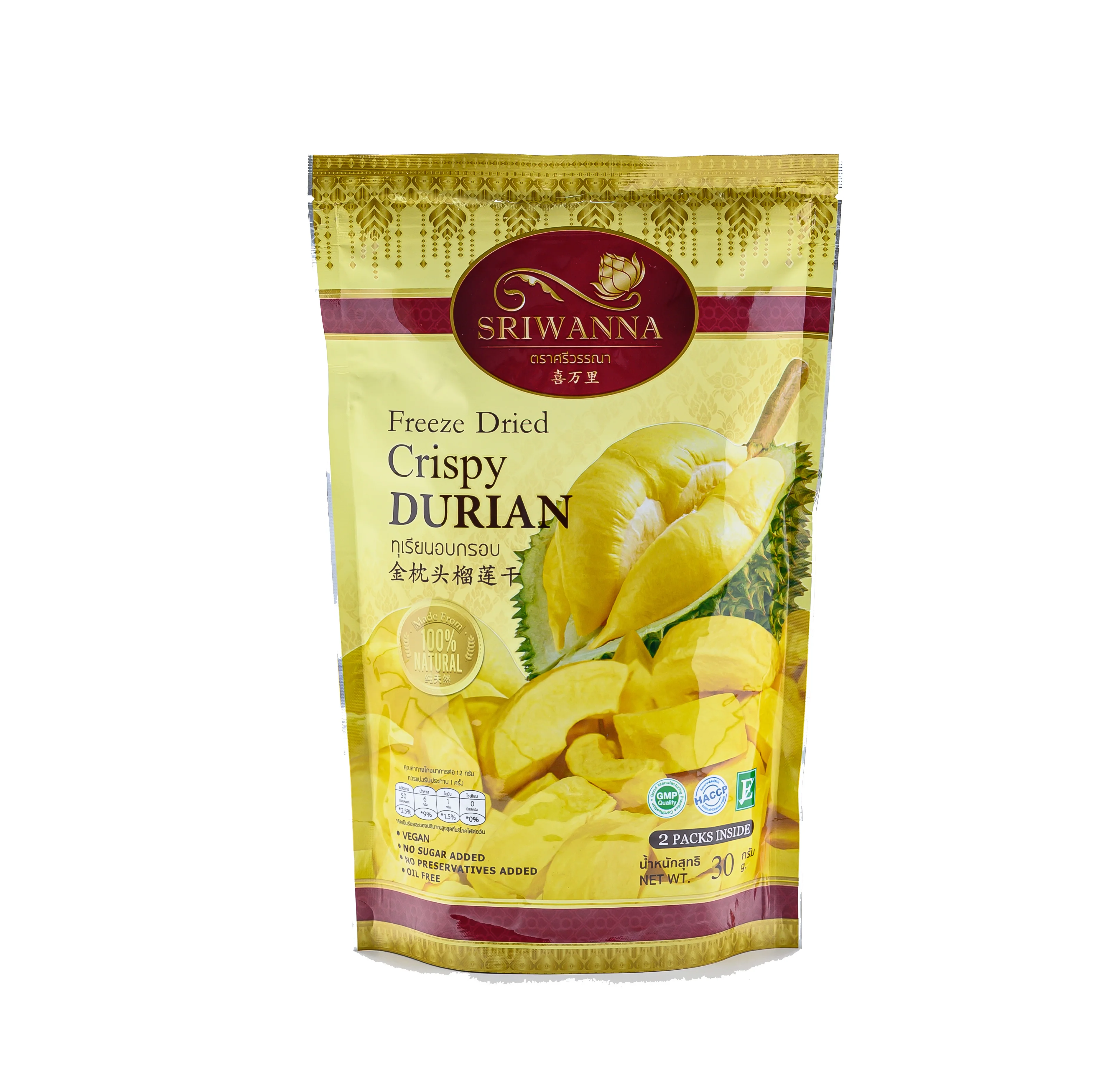 SRIWANNA Freeze Dried Crispy Durian  Monthong 30 g. (2 Individual Packs)