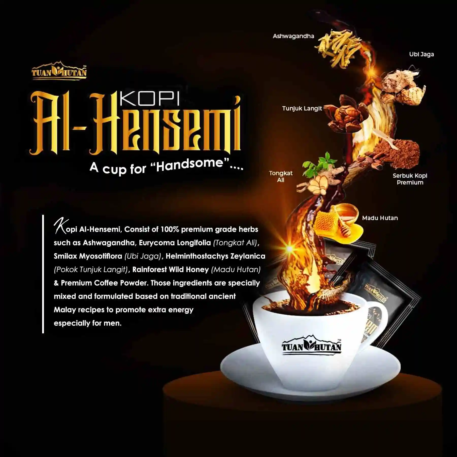 Top Pick Tongkat Ali Ginseng Coffee Powder in Individual Sachets Instant Mix with Hot Water Pure Energy Coffee from Malaysia