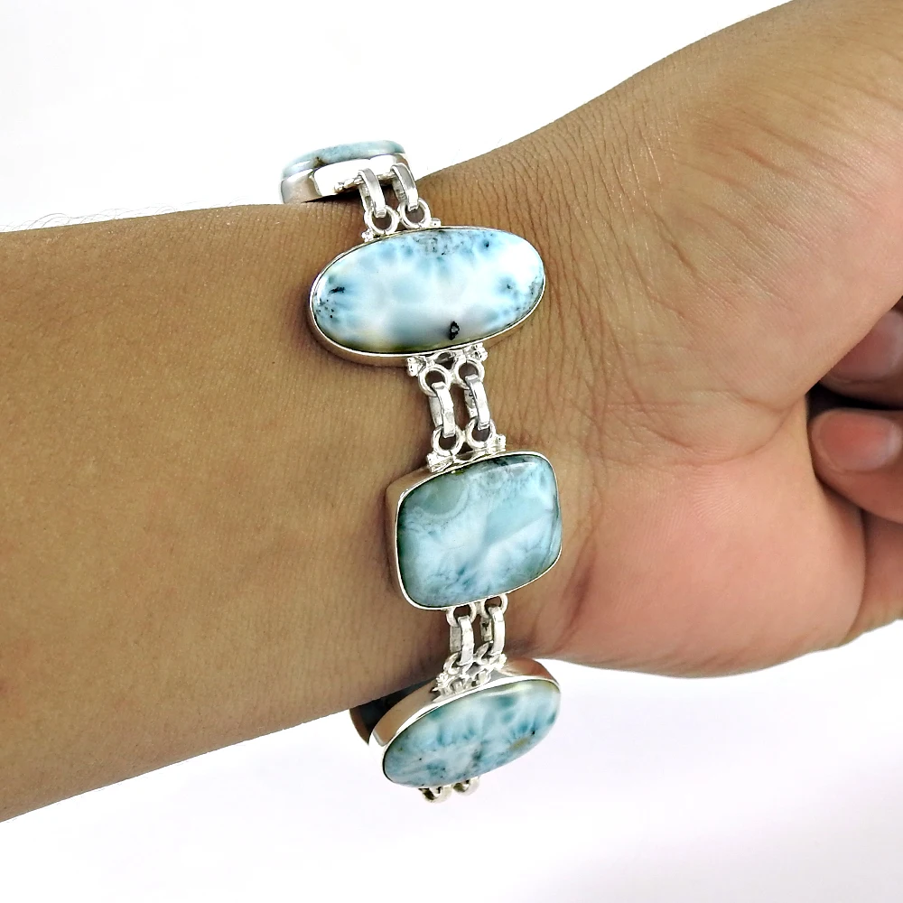Classic Style Big Stone 925 Sterling Silver Natural Larimar Gemstone Cabochon Shape Bracelet Handmade Jewelry Wholesale Supplier
