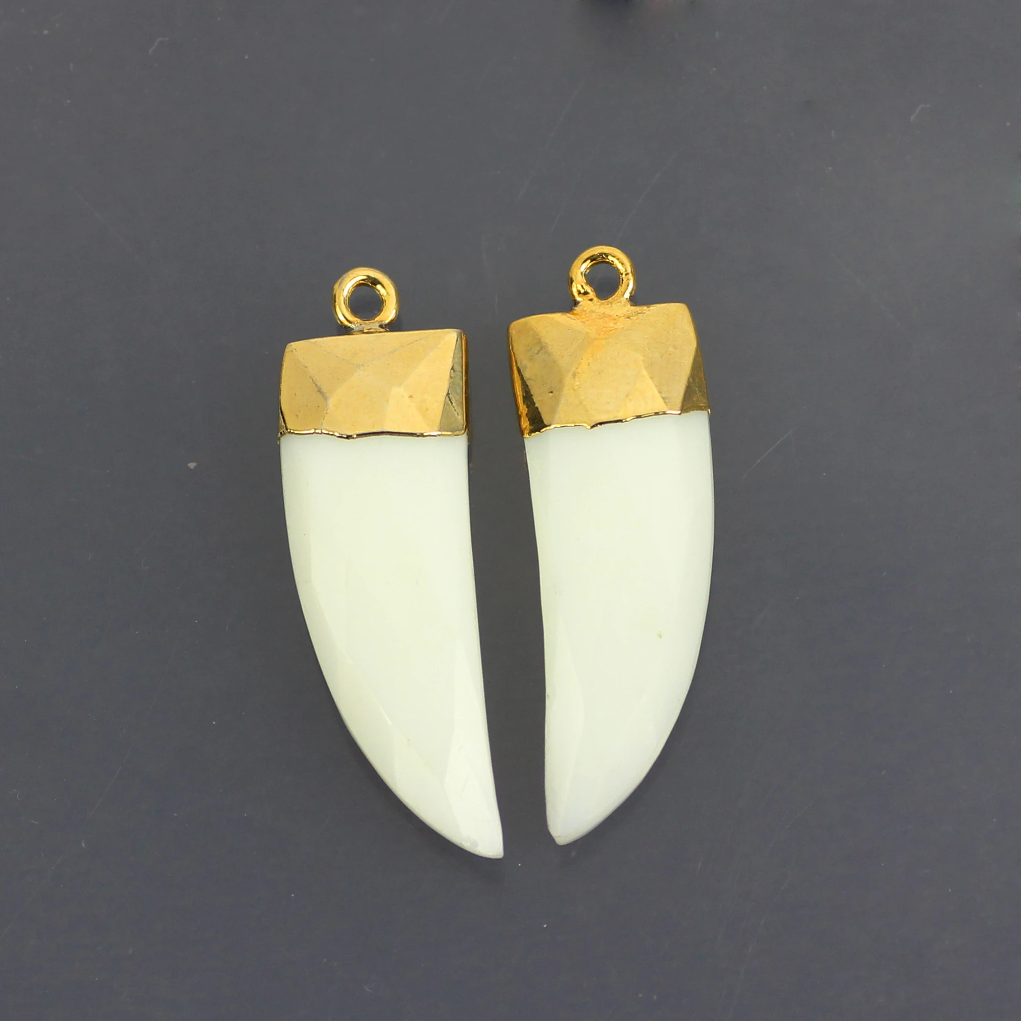 Faceted White Agate Drop Tusk Flat Pendant Horn Rainbow Tooth Spike Shape With Electroplated Gemstone Charms