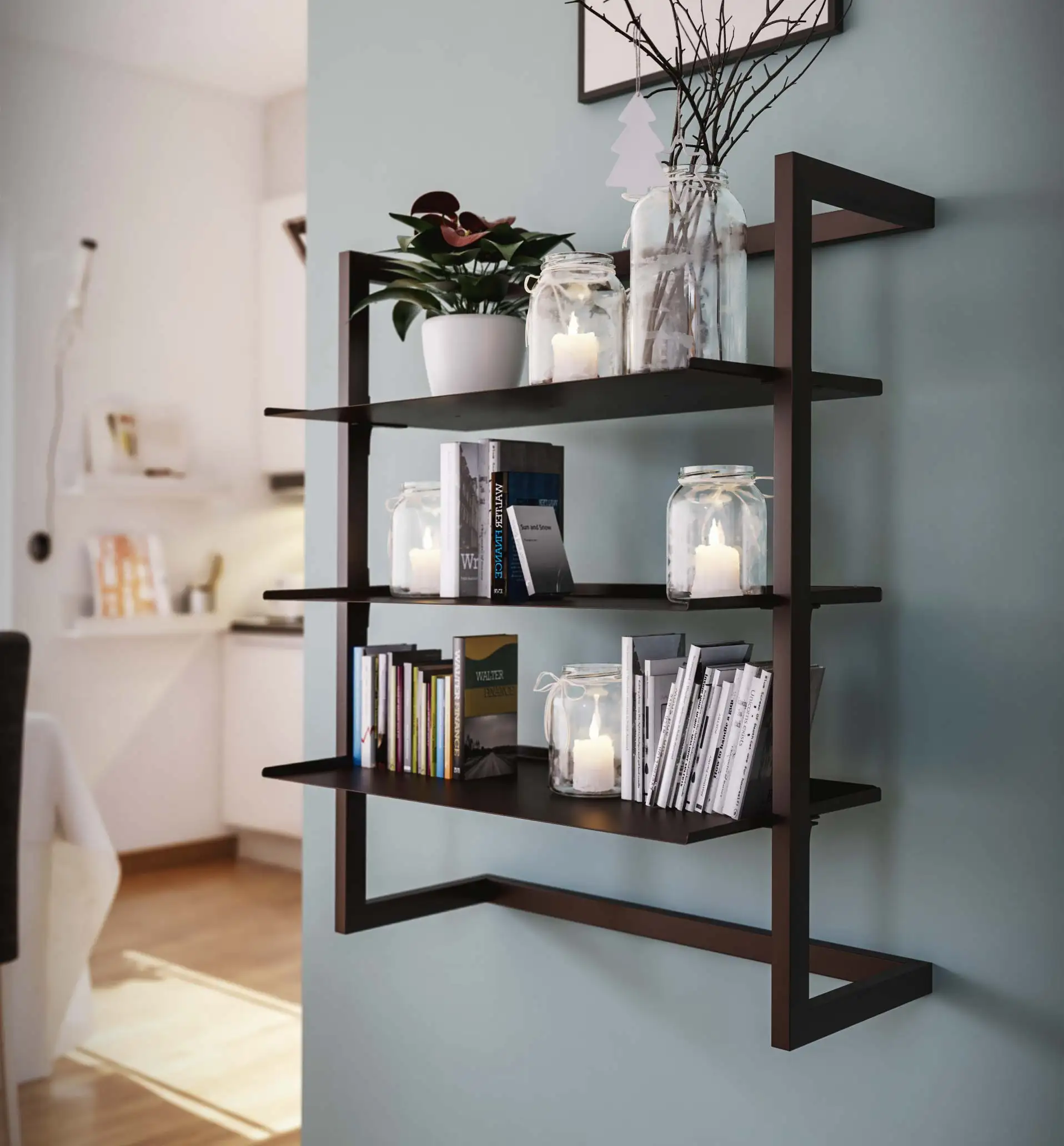 High quality aluminium  wall-mounted two- tier shelving unit H 72 cm for home