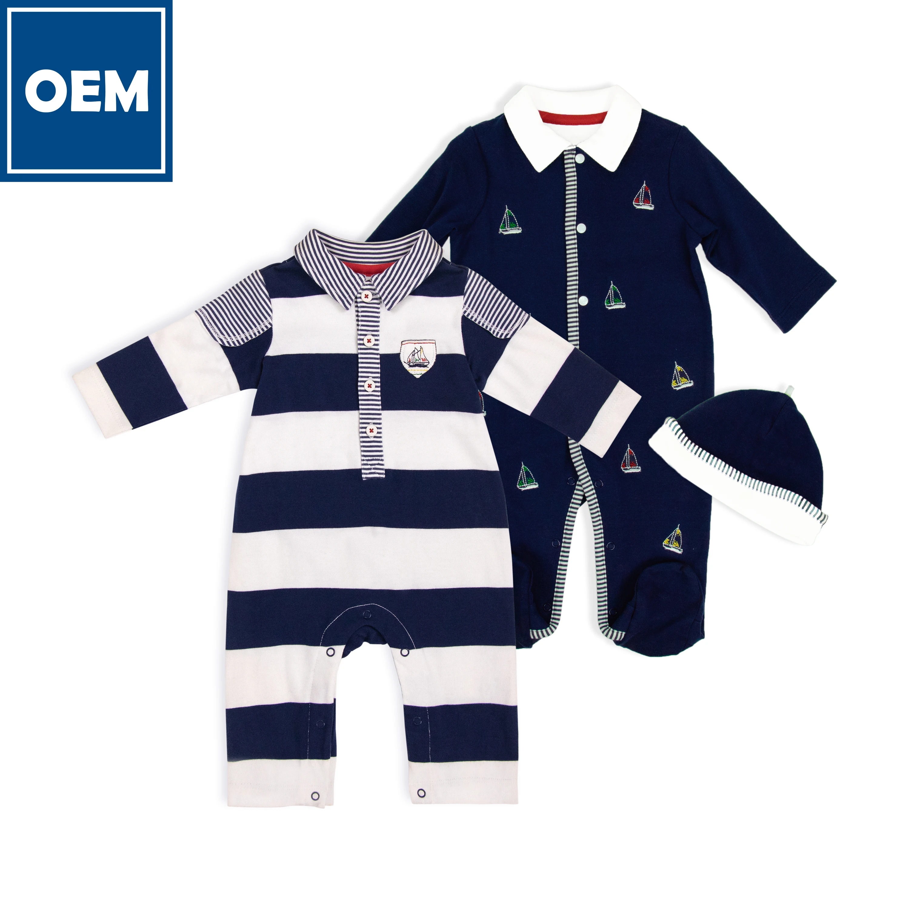 
JOYUAN GARMENT MANUFACTURER BR19081014 baby romper - COTTON NAVY BLUE DARK SAILOR kids 2 PIECES jumpsuit with BEANIE 