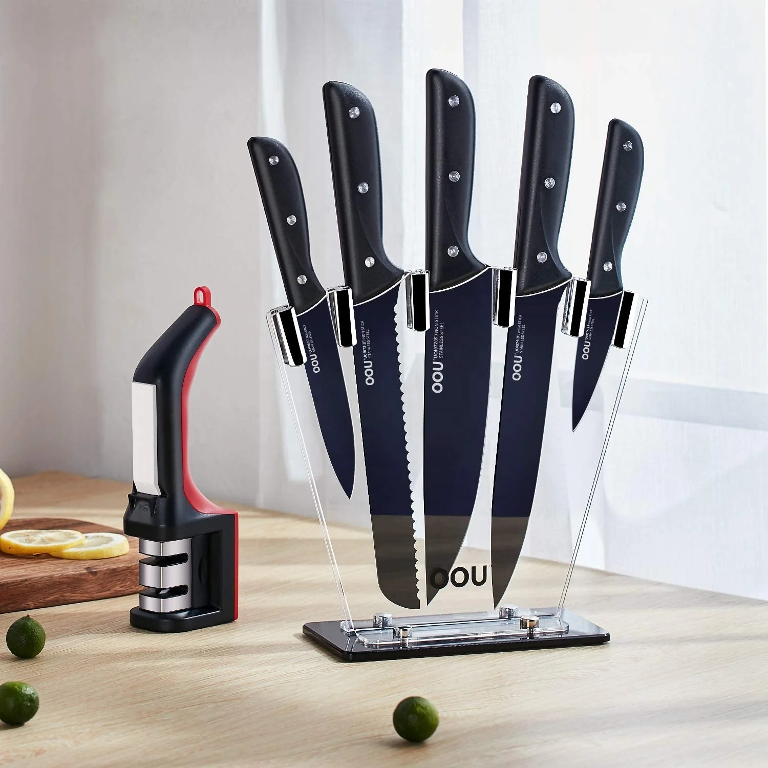 Promotional Gift box 7 Pieces Stainless Steel Kitchen Knives Set Tools Forged with Block and Sharpener