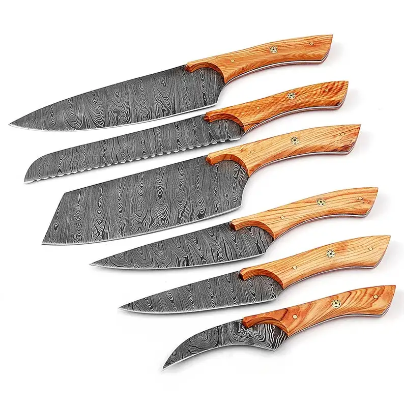 New Products Amazon Top Seller Custom Handmade Damascus Kitchen Knives 6 Pcs Chef Knife Set With Leather Bag