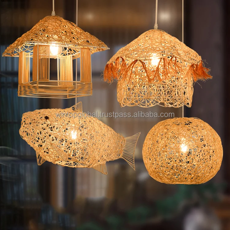 Outdoor Rattan Ceiling Chandelier Light Bamboo Pendant Sleeping Rope Led Light Lamp Shade Cover Handmade for Decoration