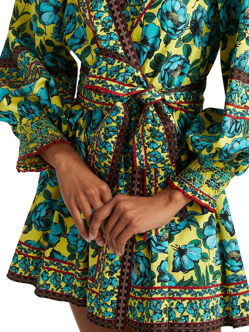 Striped Trim Floral Lace Mini Dress and V-Neck Girls Mini Dress Long Sleeve Beach Dress with Designed Waist Tie