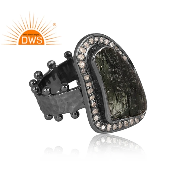 925 Sterling Silver Raw Moldavite Gemstone Ring For Christmas Jewelry Supplier For Women Gift For Her