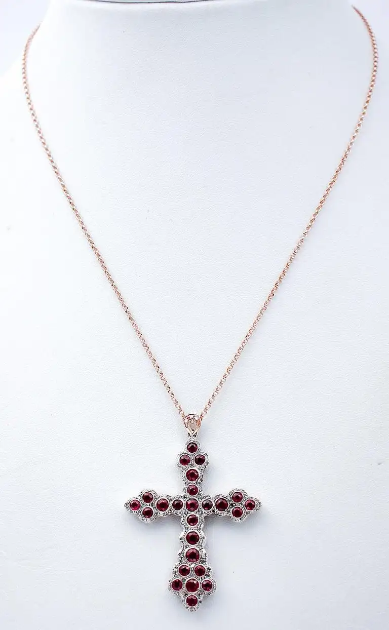 
Diamonds, Rubies, 9 Karat Rose Gold and Silver Pendant Necklace 