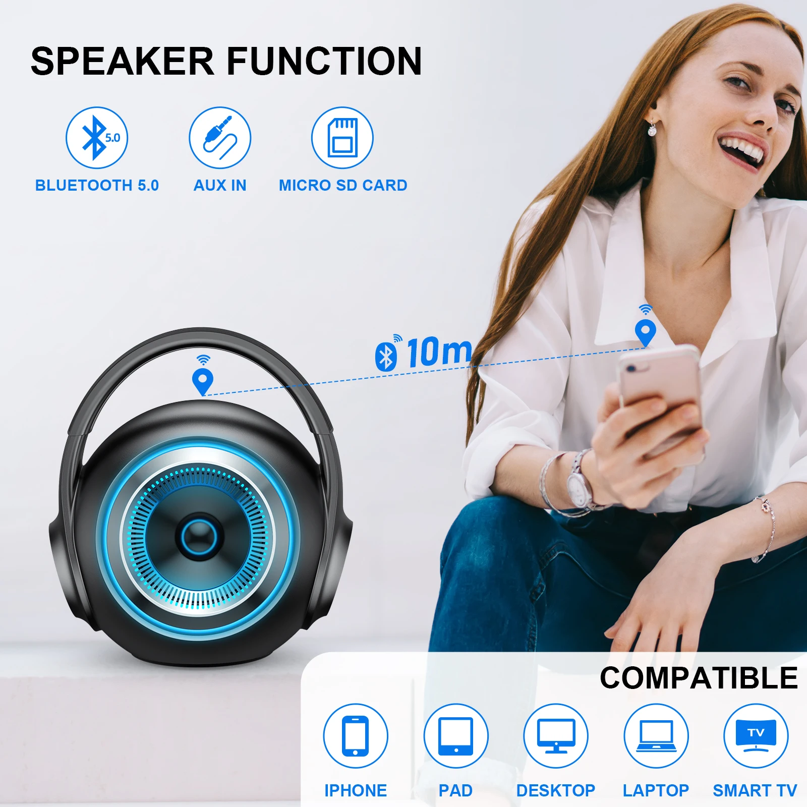 30w TWS Karaoke Machine wireless Speaker with Wireless Microphone Portable Handheld Mic Color light