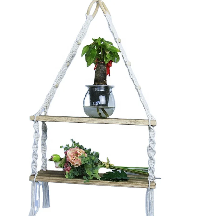 double shelf  macrame wooden  floating shelf plant pot hanger rope plant hanger