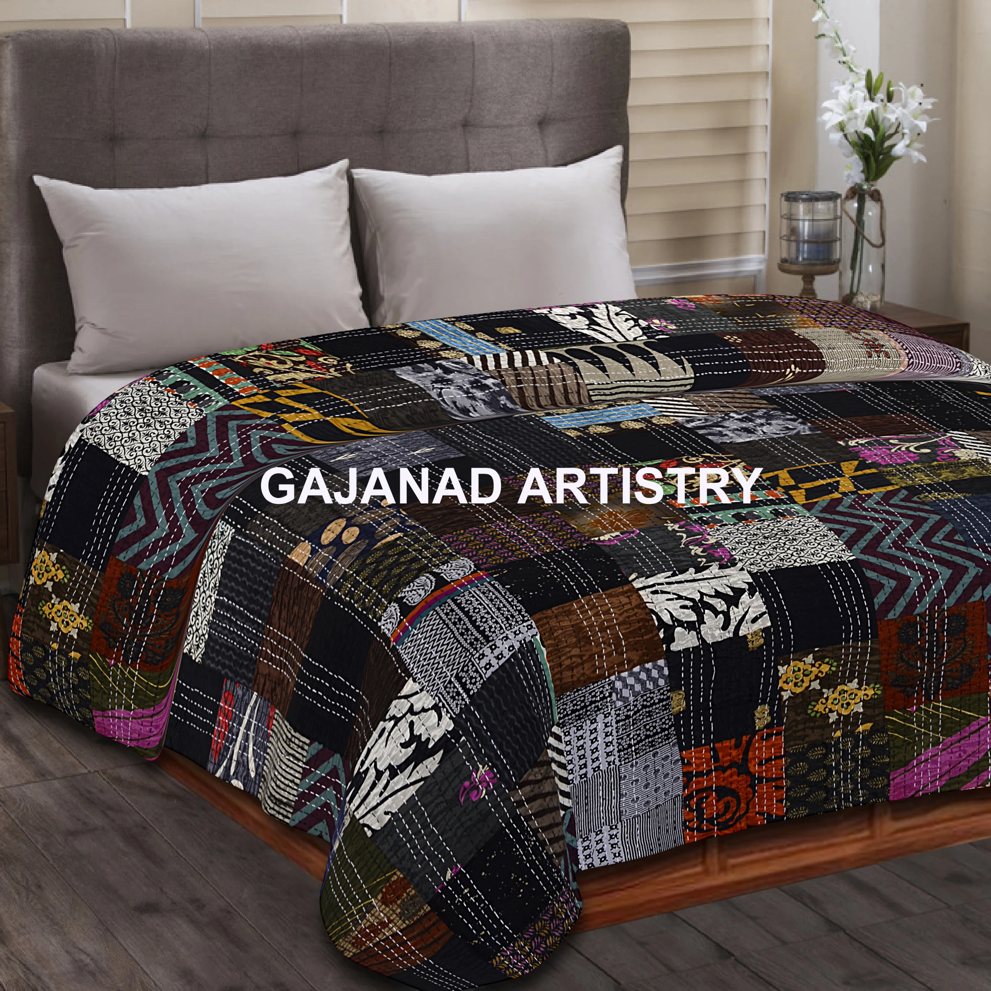 handmade kantha bedcover bedspread blanket coverlet patola silk patch work vintage indian quilt room decorative