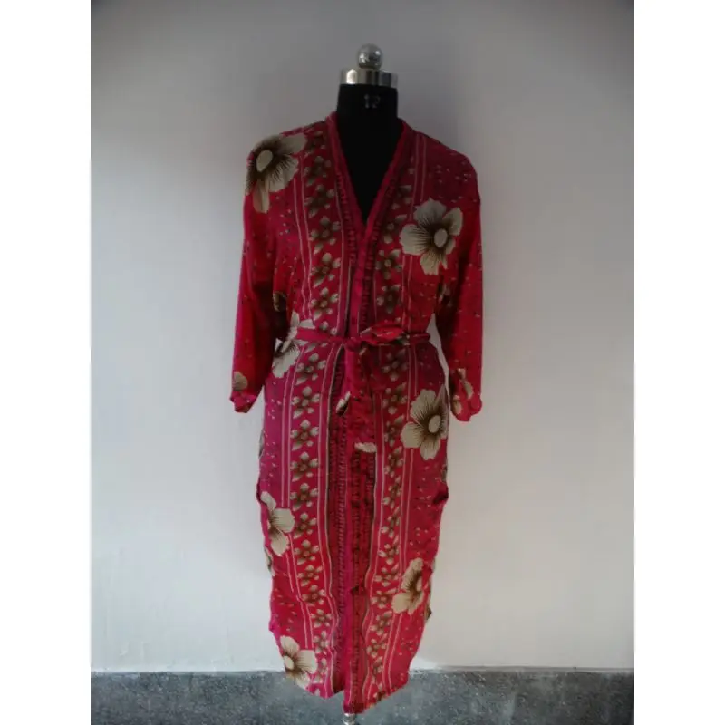 Vintage Indian Up-cycled Knee Length Bathrobe Pink- Colour Silk Saree Floral Kimono Sleepwear Handmade Maxi Gown Dress Style