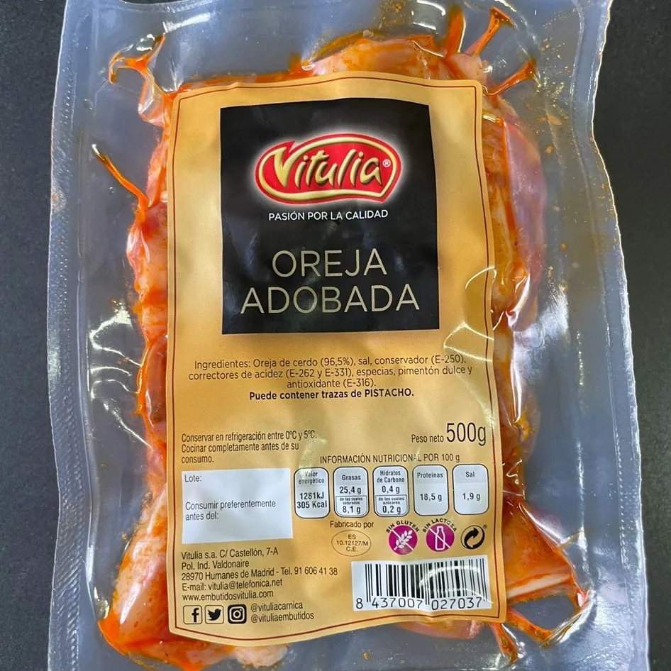 Vacuum-packed marinated pork ear typical of Spain