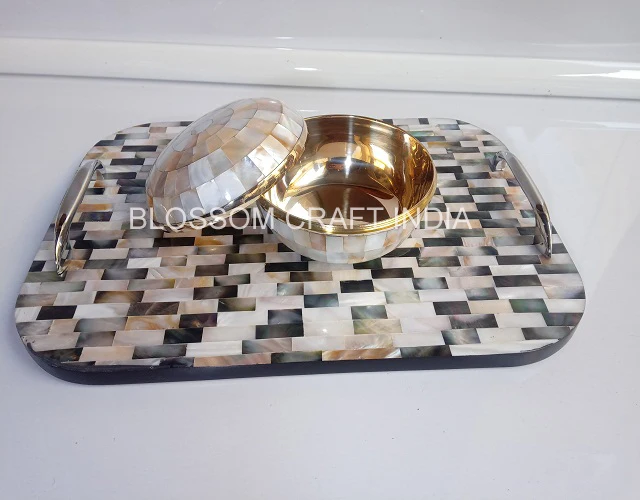 Mother of Pearl inlay Tray with mother of pearl Brass Bowl