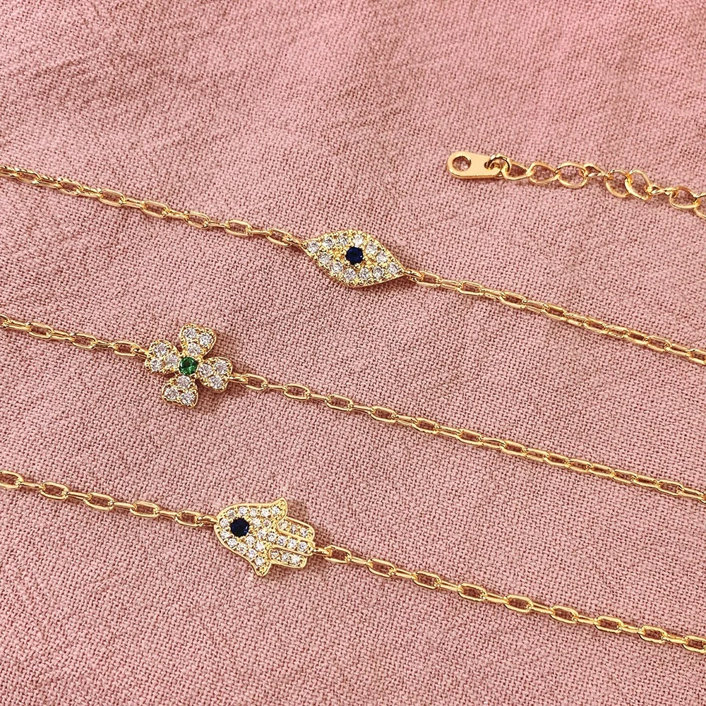 Thin Chain 18K Gold Plated Jewelry Four Leaf Clover Turkish Evil Eye Hamsa Hand Charm Bracelets