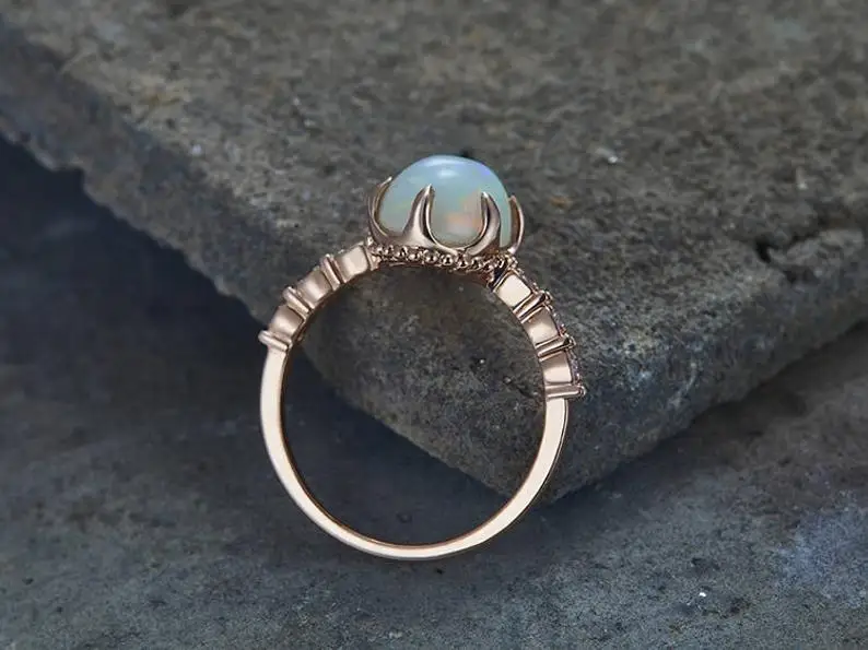 Fire Opal Engagement Ring Unique Art Deco 6-Prong Set Vintage Floral Bridal Wedding Band Silver Rose Gold Plated 925