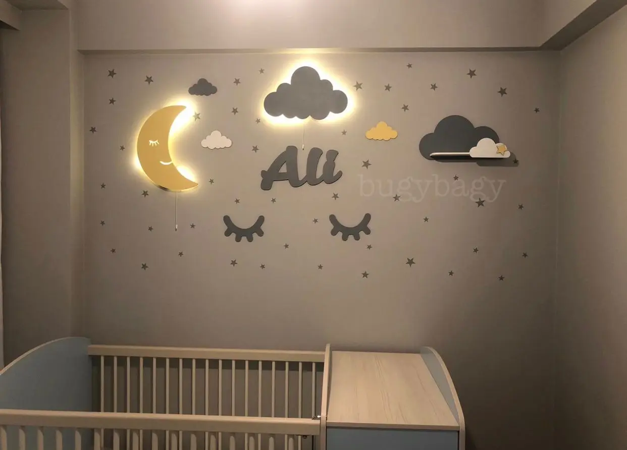 Wooden Night Lamp Wall Light for Kids Room Nursery Room Night Light Decor Light Wall Decoration LED Living Room Cartoon Box 39cm