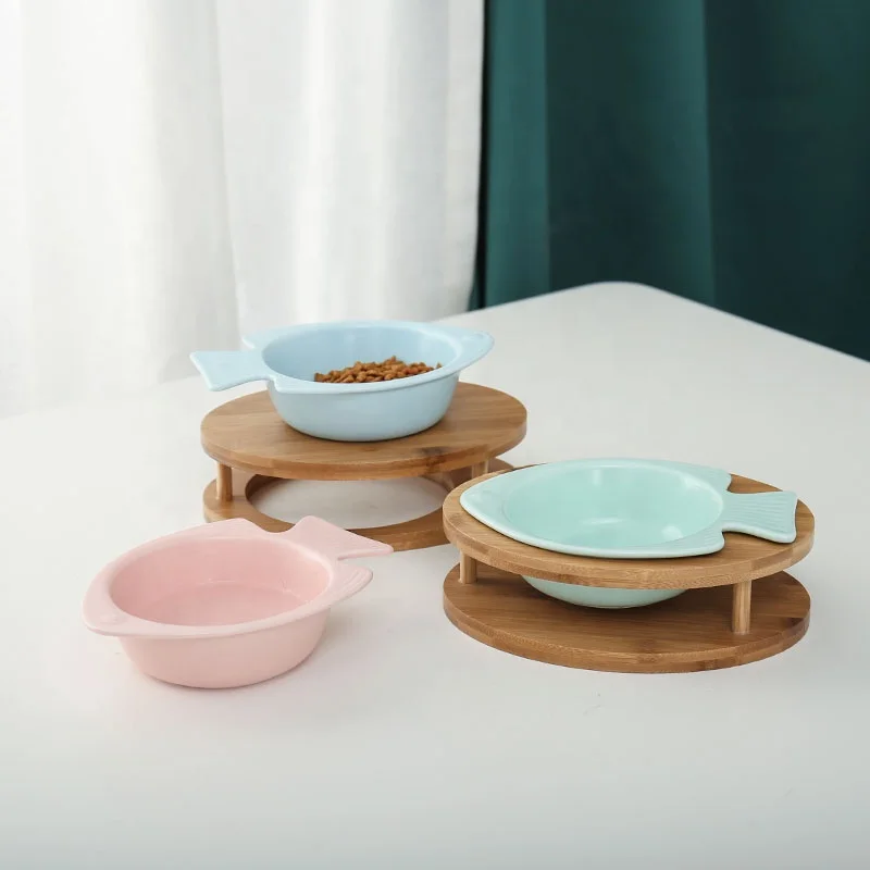 Manufacturers Raised Ceramic Fish Shape Pet Bowl With Wooden Frame Stand Cat Dog Bowl Pet Feeder ChaoZhou Supply