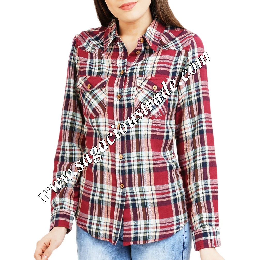 100% cotton custom Ladies long sleeve shirts plus size plaid designer casual cotton flannel shirts
