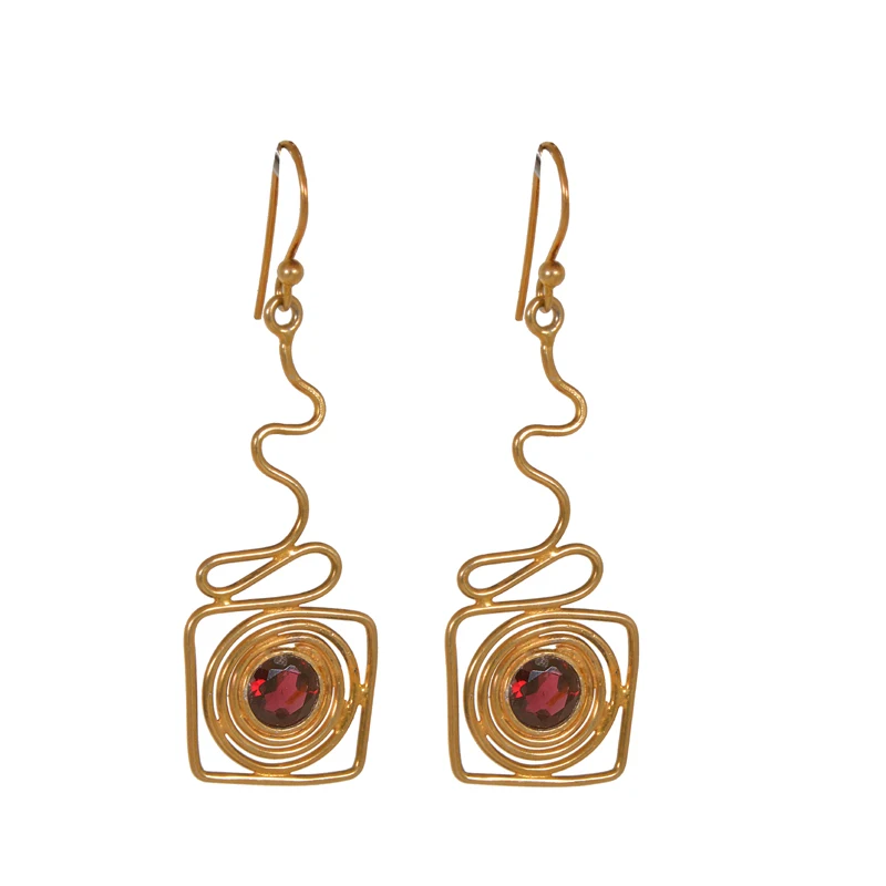 Indian Handmade Pure Gold Plated Bezel Set Gemstone Jewelry 925 Sterling Silver AA+ Garnet Wire Earrings Wholesale Price